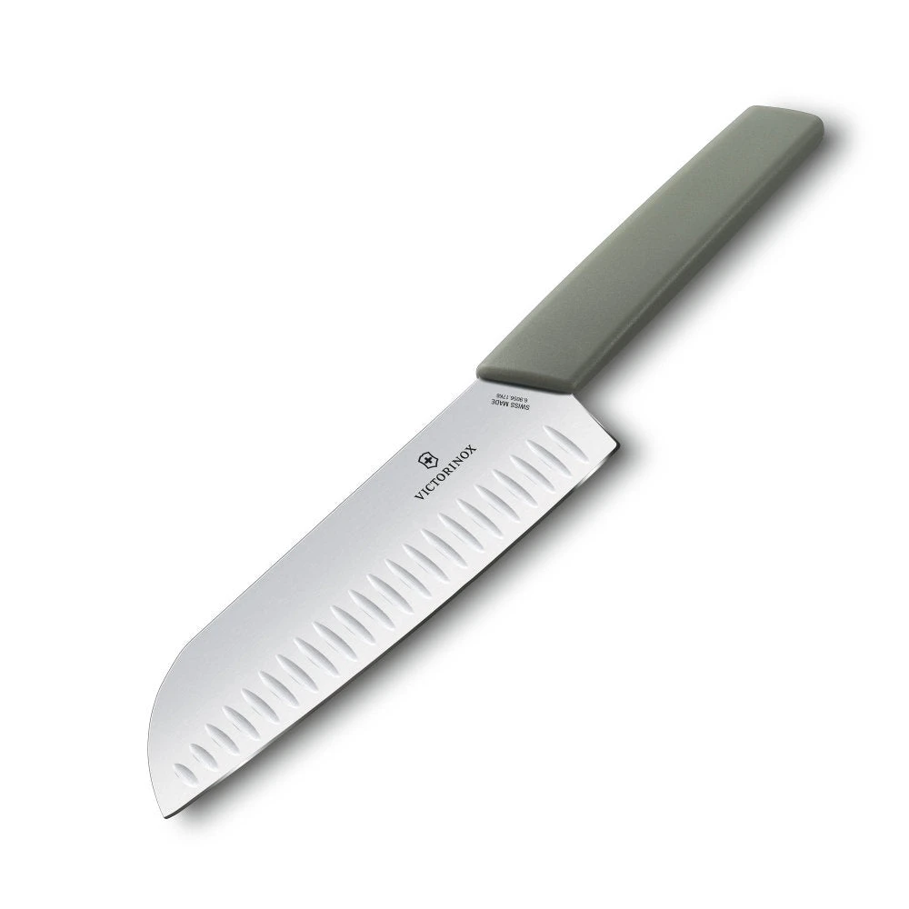 Swiss Modern Colors 7.5" Granton Edge Santoku Knife In Olive Green By Victorinox 1 Swiss Modern Colors 7.5" Granton Edge Santoku Knife In Olive Green By Victorinox