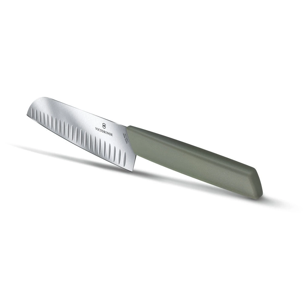Swiss Modern Colors 7.5" Granton Edge Santoku Knife In Olive Green By Victorinox 2 Swiss Modern Colors 7.5" Granton Edge Santoku Knife In Olive Green By Victorinox - Image 2