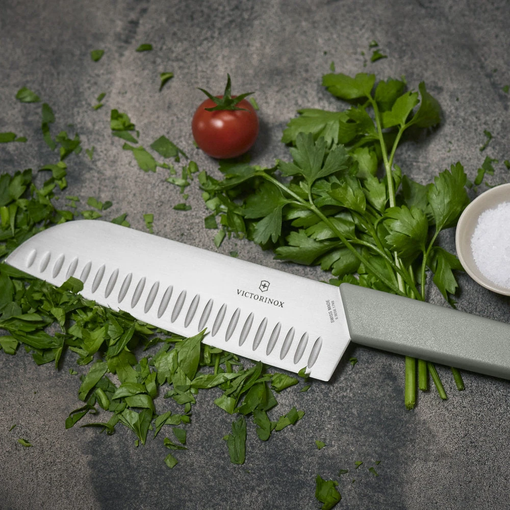 Swiss Modern Colors 7.5" Granton Edge Santoku Knife In Olive Green By Victorinox 6 Swiss Modern Colors 7.5" Granton Edge Santoku Knife In Olive Green By Victorinox - Image 6